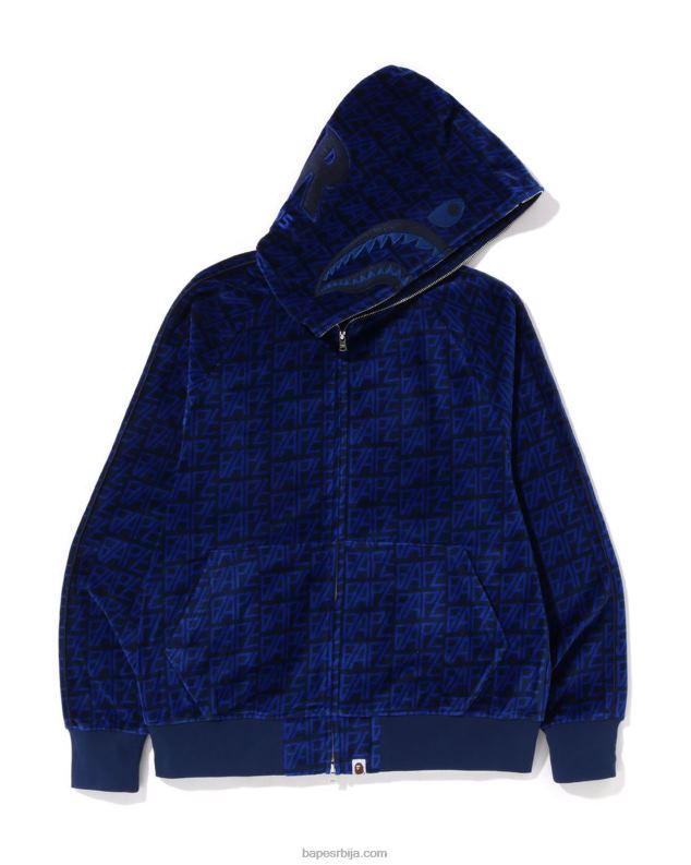 Морнарско плаво мушкарци A Bathing Ape дуксерица са велур ајкулом са монограмом са рајсфершлусом J4280227