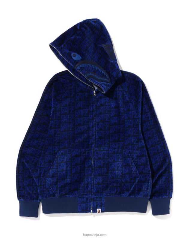 Морнарско плаво мушкарци A Bathing Ape дуксерица са велур ајкулом са монограмом са рајсфершлусом J4280227